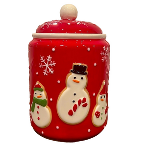 Vintage Hallmark Snowman Cookie Jar Canister Red with White Snowflakes Christmas